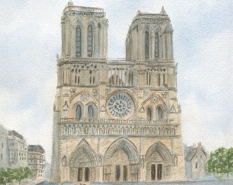 Notre Dame Cathedral Paris France, prints or original watercolor painting Paris art, framed Notre Dame painting, Paris landscape print