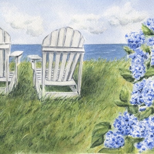 Nantucket Seaside: Nantucket Aquarell Prints, Hortensien Art, Adirondack Stühle, Cape Cod Druck, Küstenkunst