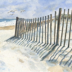 Beach Dune Fence,  Watercolor Beach Art, Coastal Art Print, Beach Decor Wall Art, Beach Path Print, Beach Cottage Art, Seashore Watercolor