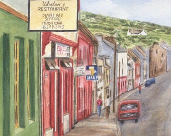 Calle principal de Dingle, Dingle, Irlanda. Lámina en acuarela o pintura original. Pintura de paisaje irlandés. Arte irlandés. Lámina de Irlanda.