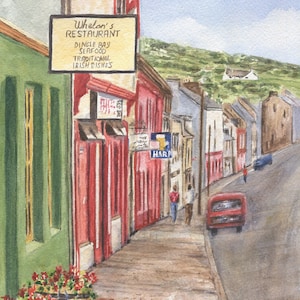 Dingle Main Street, Dingle Ireland watercolor print or original painting, Ireland landscape painting, Irish art, Ireland print, Irish print