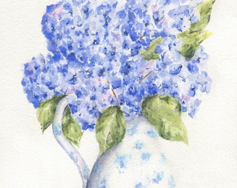 Hydrangeas In Vase Watercolor Print or Original Painting, Hydrangeas Watercolor Print, Hydrangeas Floral painting, Blue Floral Print