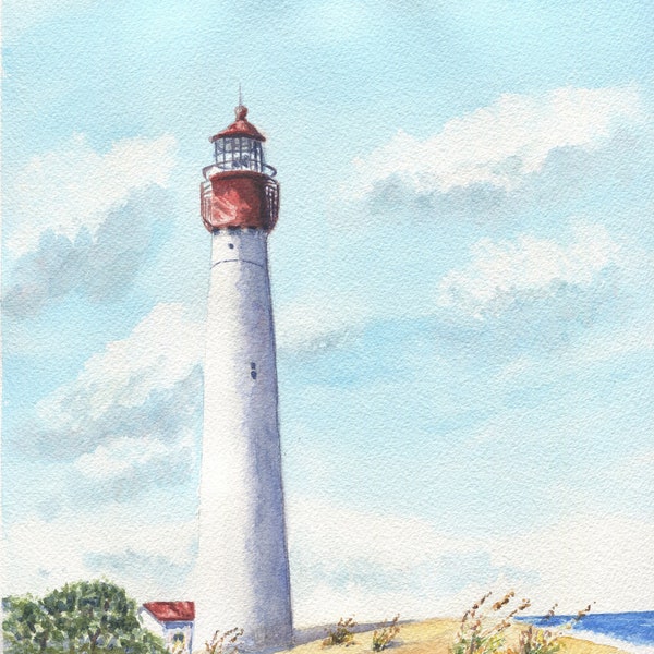 Cape May Lighthouse, New Jersey shore: Original watercolor painting beach house decor lighthouse painting watercolor beach print beach decor