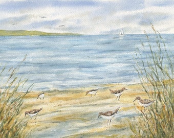 Sandpipers On The Shore Watercolor Painting Prints, Beach Decor, Coastal Art, Coastal print ocean print, framed beach print, Sandpiper art