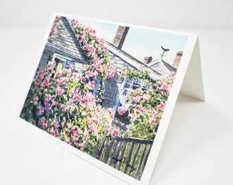 Tarjetas de notas de Nantucket, acuarela de Rose Covered Cottage, Cape Cod Sconset, rosas de Nantucket, tarjetas de felicitación, notas de agradecimiento, arte, tarjetas de notas en blanco