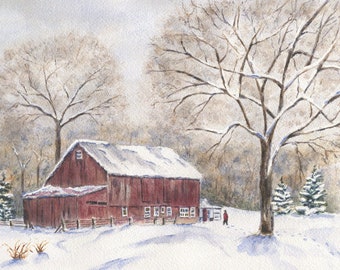 Winter Barn: Red Barn In Snow, snow scene painting, winter landscape art, landscape watercolor print, framed winter art, original barn art
