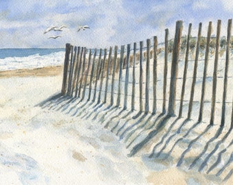 Beach Dune Fence,  Watercolor Beach Art, Coastal Art Print, Beach Decor Wall Art, Beach Path Print, Beach Cottage Art, Seashore Watercolor