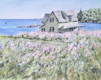 New Harbor Cottage, Maine Watercolor Print Maine Painting, Boothbay Harbor Maine Art Print, Maine Painting, Maine Harbor Wall