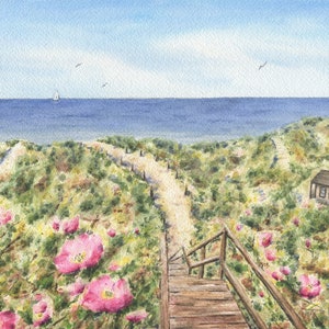 Steps Beach Nantucket Island Watercolor Fine Art Prints, Nantucket Art Print, Nantucket Painting, Coastal Art Beach path flowers