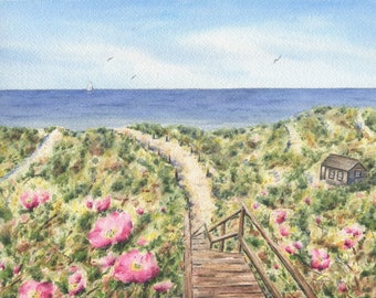 Steps Beach Nantucket Island Watercolor Fine Art Prints, Nantucket Art Print, Nantucket Painting, Coastal Art