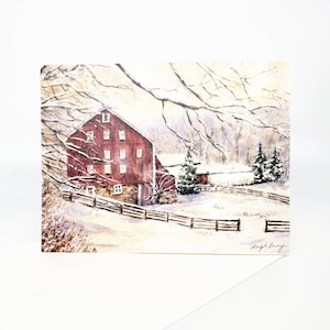 First Snow, Red Barn Notecards, Winter Snow scene, thank you notes, greeting cards, winter barn landscape watercolor notecards, snow landsca