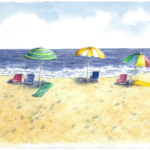 Beach Chair Umbrella Art Print Ocean Watercolor Painting Etsy