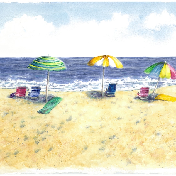 Beach Umbrellas Beach Watercolor painting print or original, beach umbrellas painting, ocean painting, summer art, framed beach prints