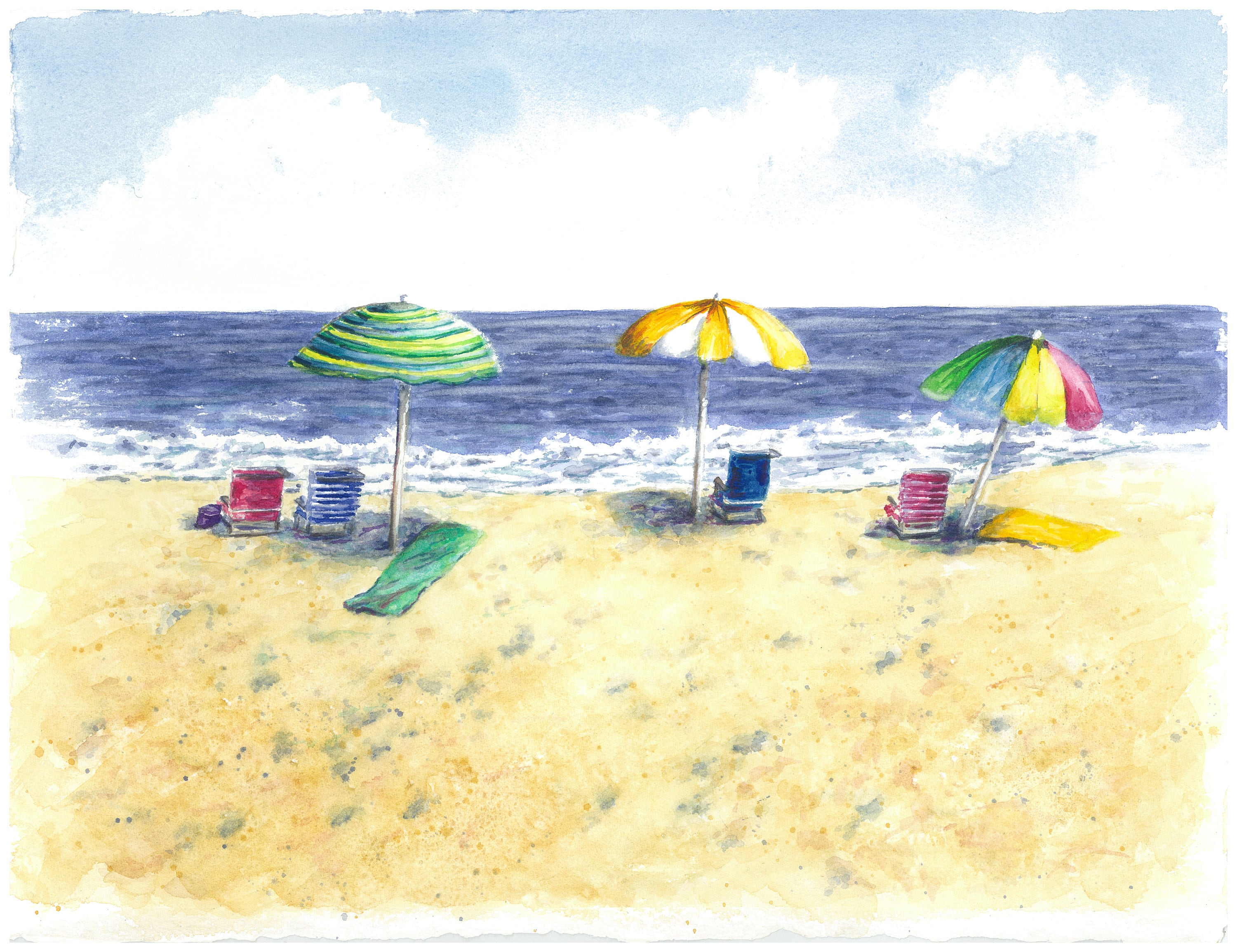 ビーチパラソルのオリジナル絵画：ビーチの水彩画、ビーチパラソル、海