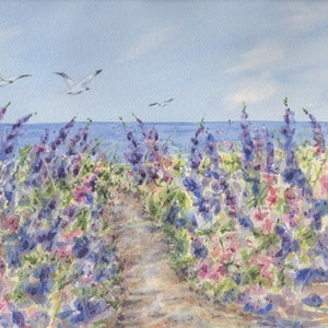 Lupine By The Sea Watercolor Painting Landscape, framed beach path, cottage art, seaside garden pathway, coastal art print, coastal
