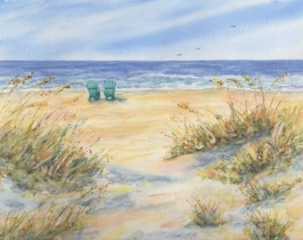 Adirondack Chairs On Beach Watercolor, Original Watercolor Painting, Beach Dunes Painting, Ocean Painting, Dune Grass, Ocean Watercolor
