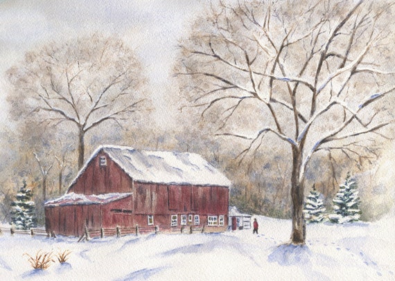 Winter Barn Red In Snow Scene Gift Ideas Landscape Settlement Watercolor Print Framed Art Original