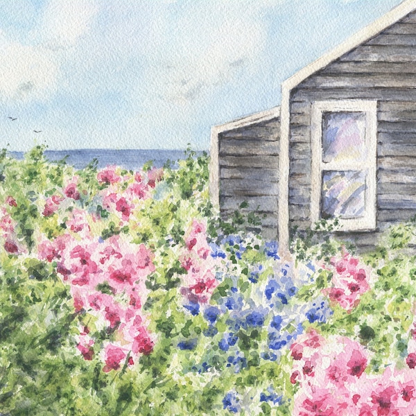 Summer Cottage: Coastal Cottage Art,Nantucket watercolor print, Coastal Landscape,Cape Cod art, Nantucket art print Cape Cod print, framed