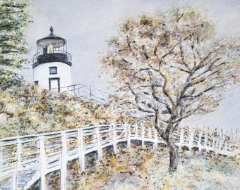 Owl's Head Light, Maine fyr, Midcoast Maine kustkonst, Maine akvarell eller tryck, Inramat akvarelltryck original akvarell