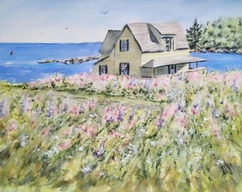 メイン州ハーバーハウス、メイン州水彩画プリントまたはオリジナル、メイン州沿岸絵画、メイン州アートプリント、メイン州沿岸アート