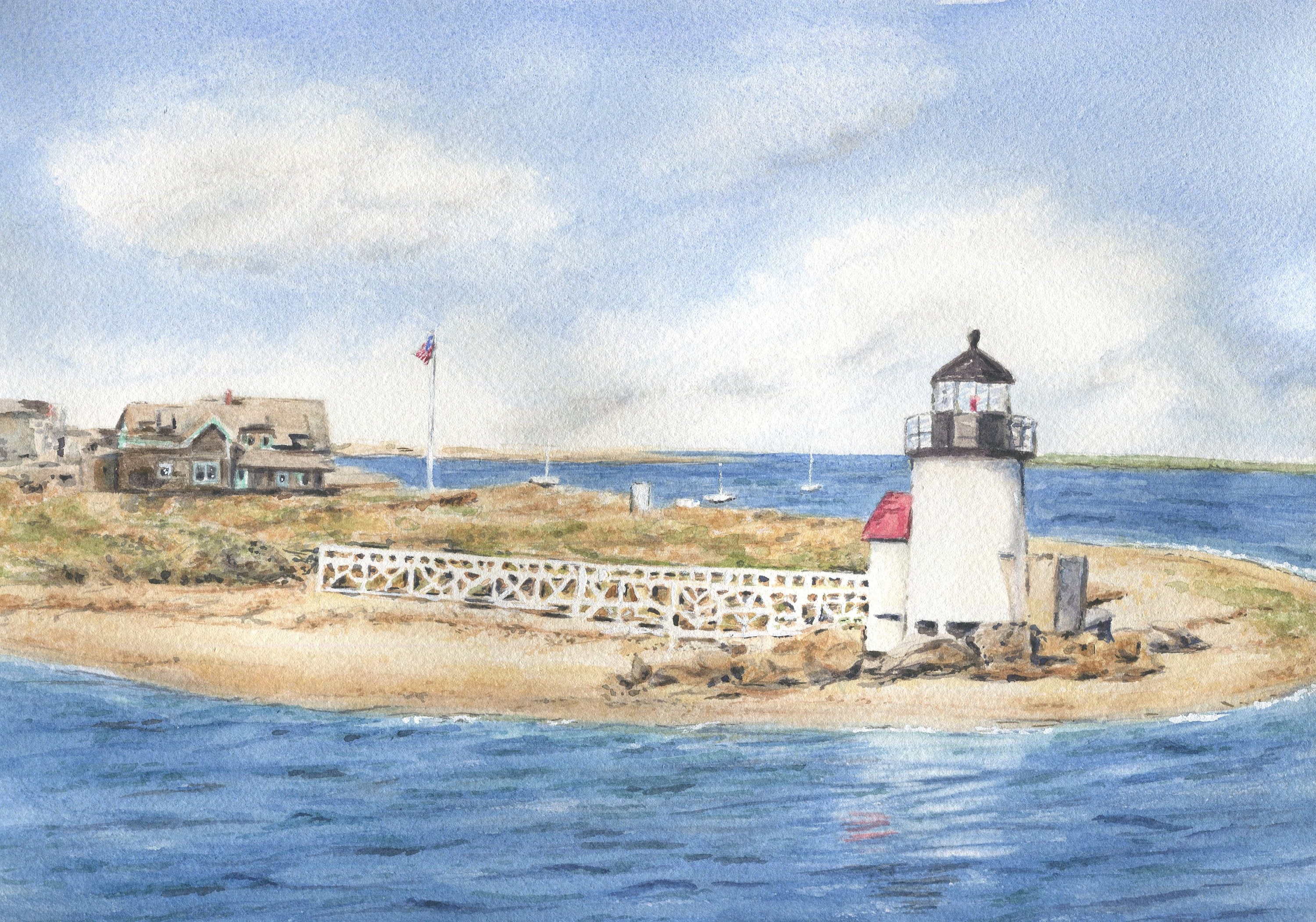 Brant Point Light: Nantucket Lighthouse, Watercolor Prints, Framed 
