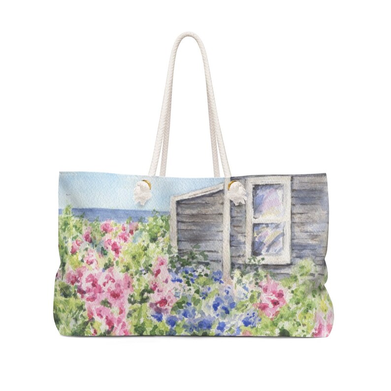 Beach Cottage Weekender Bag Nantucket art Beach House Tote Bag Cape Cod Beach Bag Large Beach Bag Coastal Art Bag Large Tote Bag