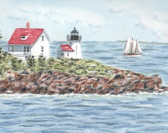 May include: Watercolor painting of a coastal scene featuring a white lighthouse and a house with red roofs on a rocky island. A sailboat is on the blue water. The sky is a pale blue with soft clouds.