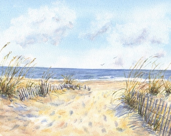 Strandstig, Strandakvarell, Original Akvarellmålning, Havsvågsmålning, Havsmålning, Original Kustkonst, Havsakvarell