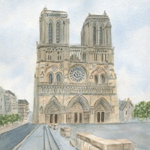 May include: Watercolour painting of Notre Dame Cathedral in Paris, France. The artwork shows the iconic cathedral with its two towers, rose window, and arched entrances. The painting is in soft, muted tones with a cloudy sky.