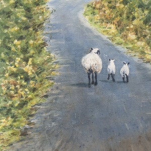 Ireland In Springtime, Irish Sheep And Lamb art, sheep watercolor prints or original painting, Ireland landscape print, Irish road,