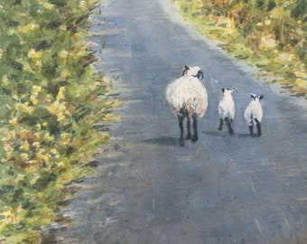 Ireland In Springtime, Irish Sheep And Lamb art, sheep watercolor prints or original painting, Ireland landscape print, Irish road,