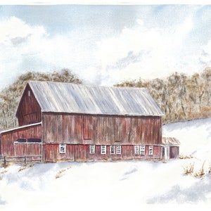 Red Barn Watercolor Painting Or Fine Art Prints, barn in snow painting framed landscape painting, winter landscape, framed red barn art