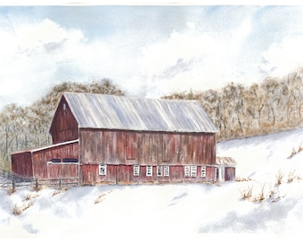 Red Barn Watercolor Painting Or Fine Art Prints, barn in snow painting framed landscape painting, winter landscape, framed red barn art