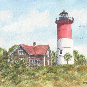 Nauset Light Original Painting: Cape Cod, Nautical Art, Lighthouse Painting, Beach Decor, Original Watercolor