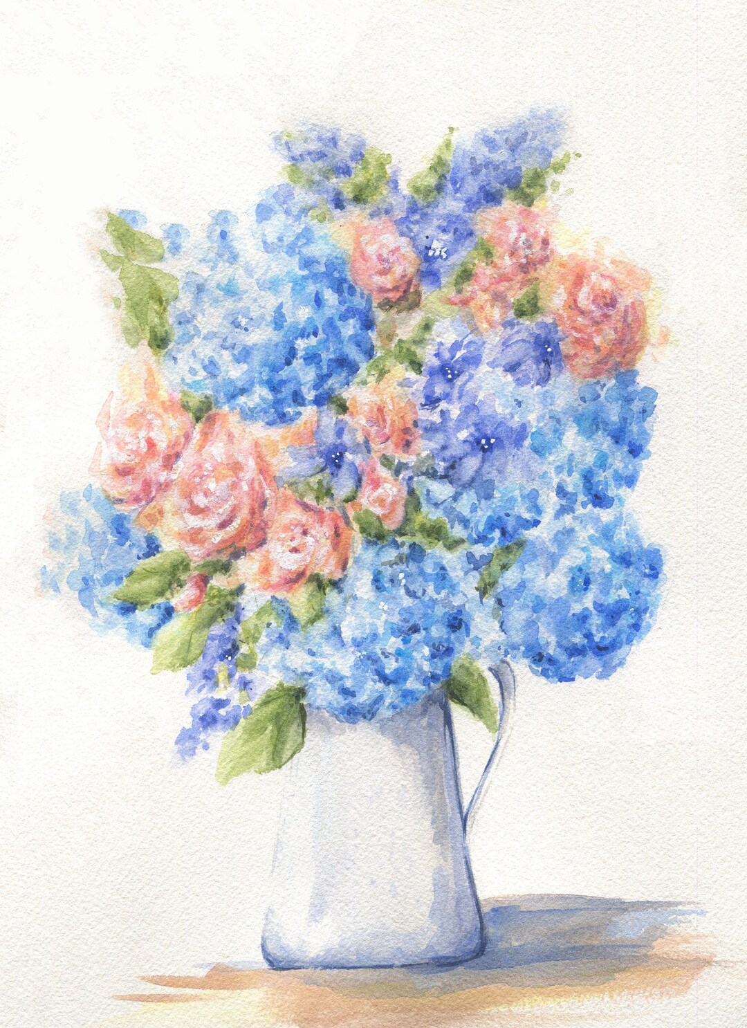 Hydrangeas and Roses in Vase Watercolor Print or Original Painting ...