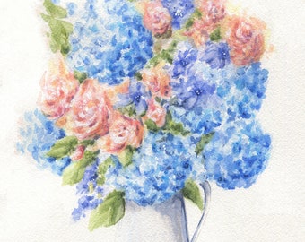 Hydrangeas And Roses In Vase Watercolor Print or Original Painting, Hydrangeas Watercolor Print, Hydrangeas Floral painting, floral bouquet