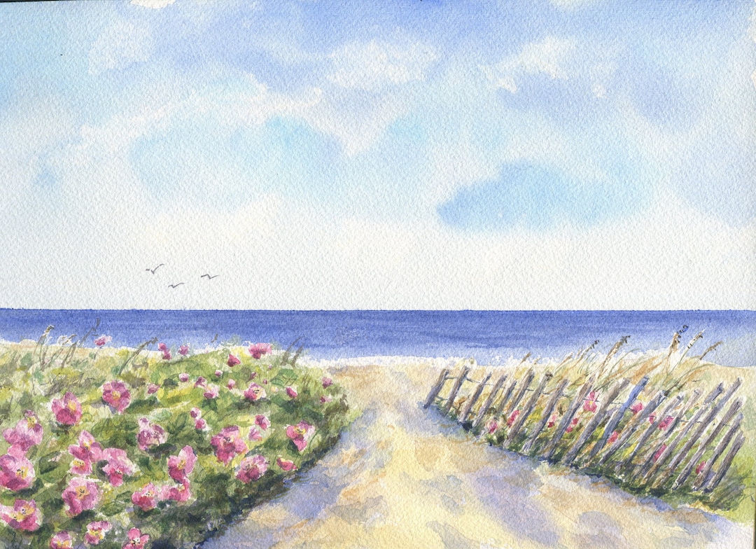 Beach Roses Watercolor Painting Print or Original Seashore Art Wall