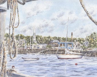 May include: Watercolour painting of a harbour scene with sailboats and a small boat on the water. A church steeple and buildings line the shore. Ropes hang in the foreground, framing the view.