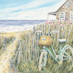 Beach Day, Bicycle At Beach Watercolor Painting Prints or Original Watercolor, Beach Decor, Coastal Art, Beach print, summer cottage art