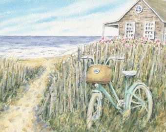 Beach Day, Bicycle At Beach Watercolor Painting Prints or Original Watercolor, Beach Decor, Coastal Art, Beach print, summer cottage art