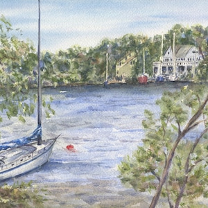 Mooring: Sailboat painting nautical watercolor river water painting original watercolor original painting framed art giclee print boat art