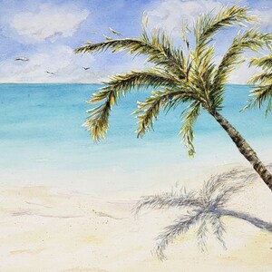 Tropical Beach Original Painting, Palm Trees Beach Watercolor, Beach Painting, Tropical scene painting, ocean painting, Original Watercolor