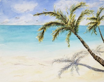 Tropical Beach Original Painting, Palm Trees Beach Watercolor, Beach Painting, Tropical scene painting, ocean painting, Original Watercolor
