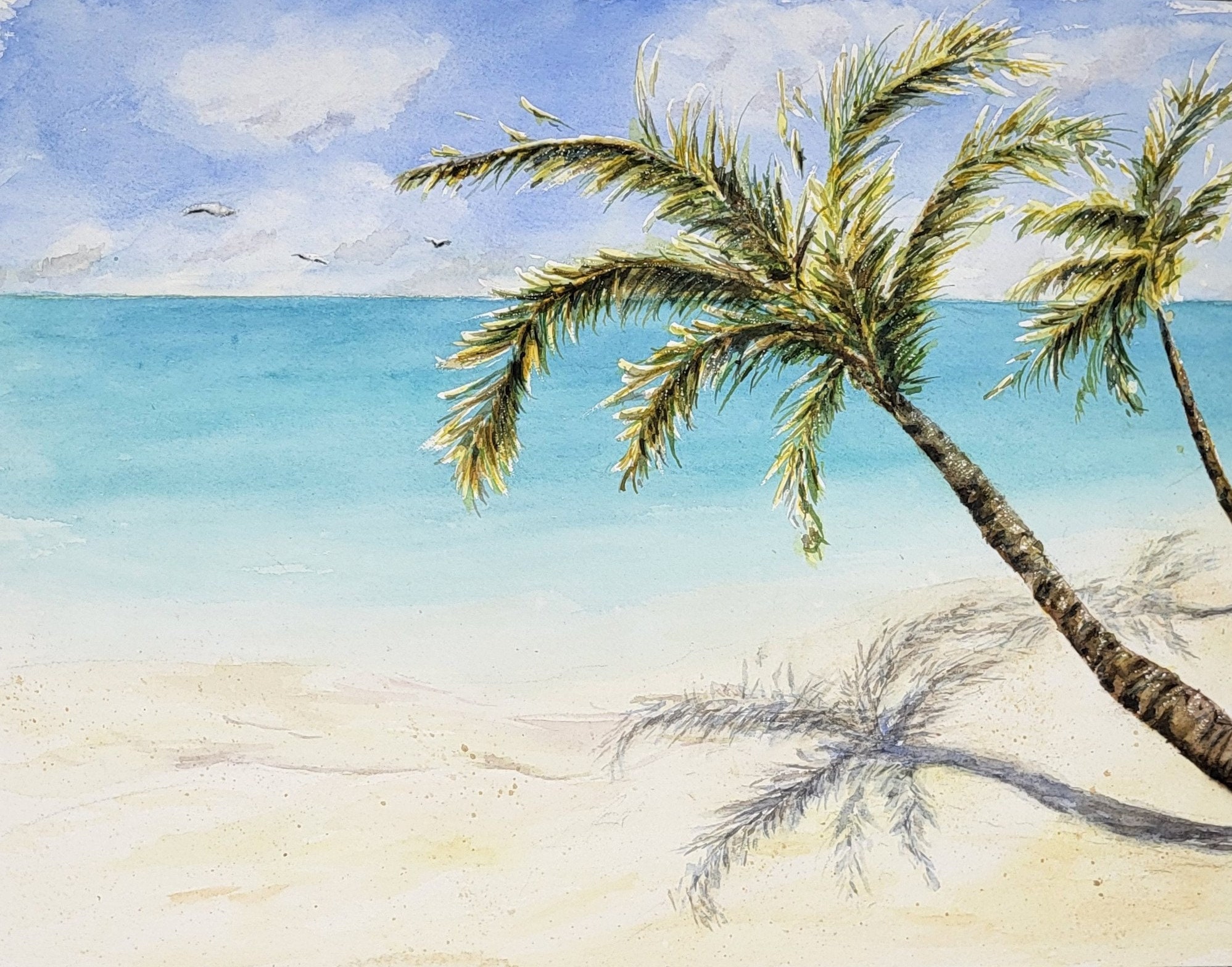 トロピカルビーチのオリジナル絵画、ヤシの木のビーチの水彩画、ビーチ