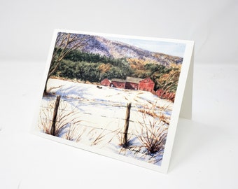 Tarjetas de notas de granero de granja de Vermont, tarjetas de agradecimiento con escenas nevadas de invierno de Nueva Inglaterra, tarjetas de felicitación con paisajes de montaña, tarjetas de acuarela rurales