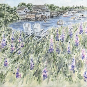 New Harbor, Maine painting  Watercolor Print or Original, Harbor view , lupine, adirondack chairs, lobster boats