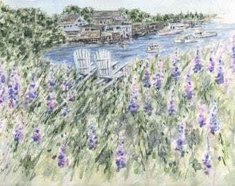 メイン州ニューハーバーの絵画　水彩画プリントまたは原画、港の景色、ルピナス、アディロンダックチェア、ロブスター漁船