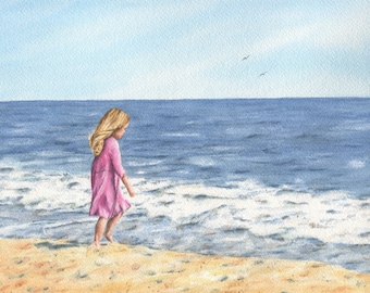 At The Beach Original Painting Beach Painting, Little Girl on Beach Watercolor, Beach Decor, Original Watercolor, Coastal Art Painting