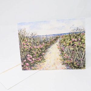 Cape Cod Roses Notecards Beach Path Blank Cards Beach aquarelle notecards plage stationnaire plage cartes de vœux vierges plage roses peinture