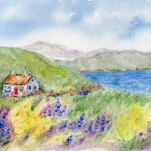 Irish By The Sea:  Ireland landscape painting Irish art Irish cottage print Ireland print watercolor landscape Irish gift watercolor